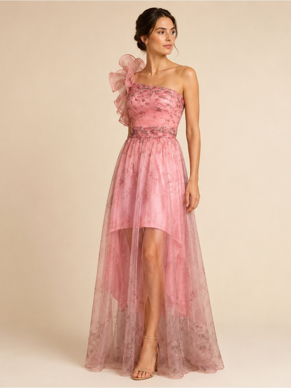 Pink Floral Organza One-Shoulder High-Low Gown – Small NWOT